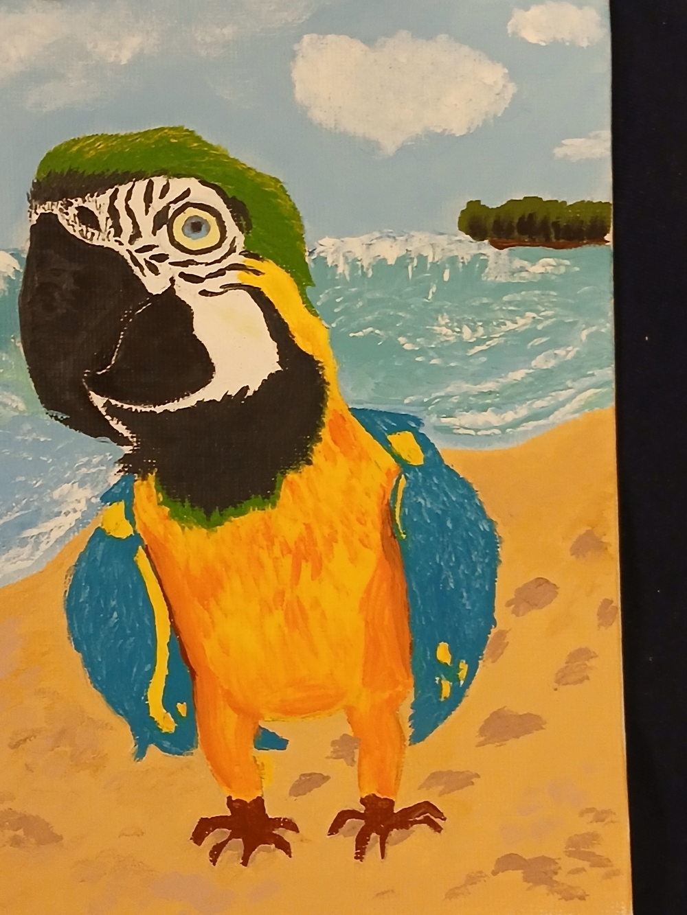 Tropical Parrot Beach Folk Painting Oil – Bright Blue & Yellow Macaw Art